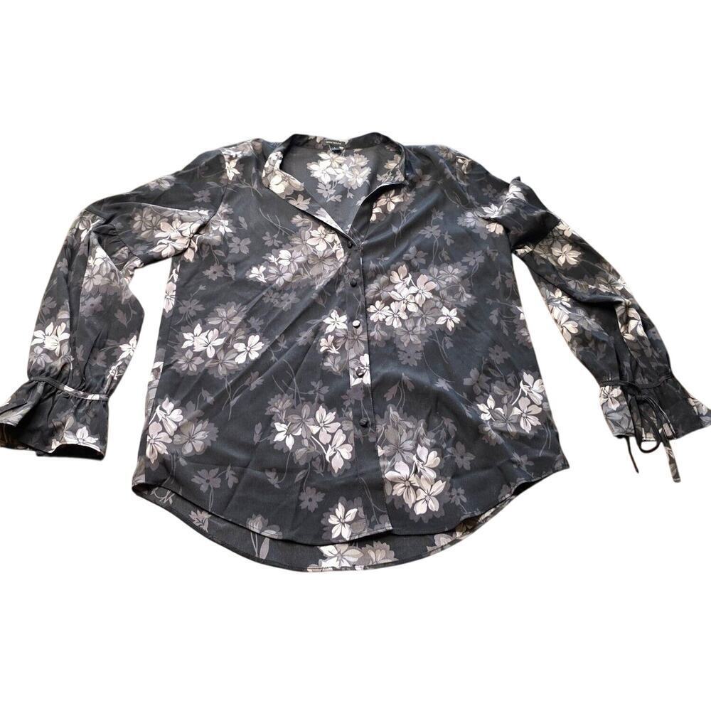 Ann Taylor‎ Womens Sz S Blouse Sheer Navy Blue Sleeve Button Up